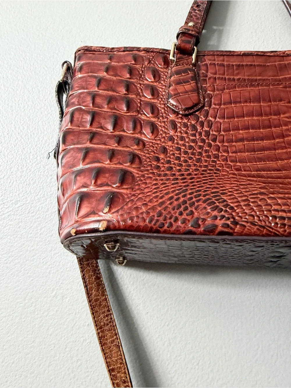 Brahmin Mini Asher Satchel in Pecan Melbourne leather, featuring a textured croc